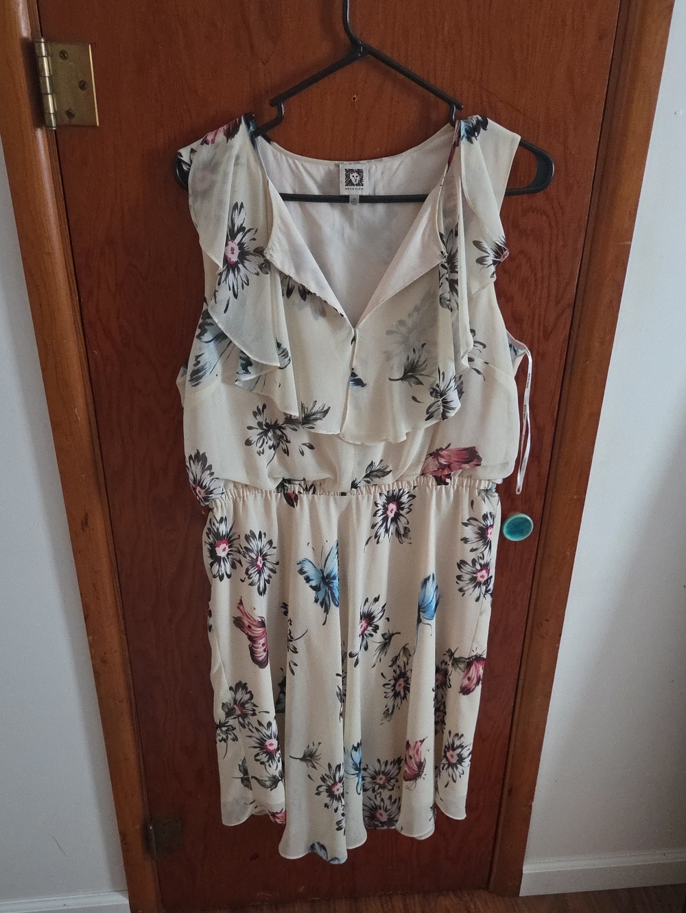 Anne Klein Cream Midi Dress with Blue and Pink Butterfly & Floral Print